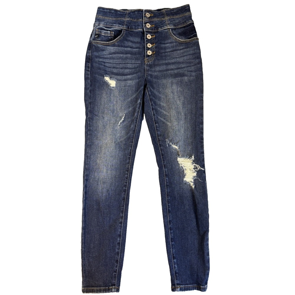 KanCan Women's 27 High Rise Exposed Button Fly Ripped Denim Jeans Y2K Streetwear